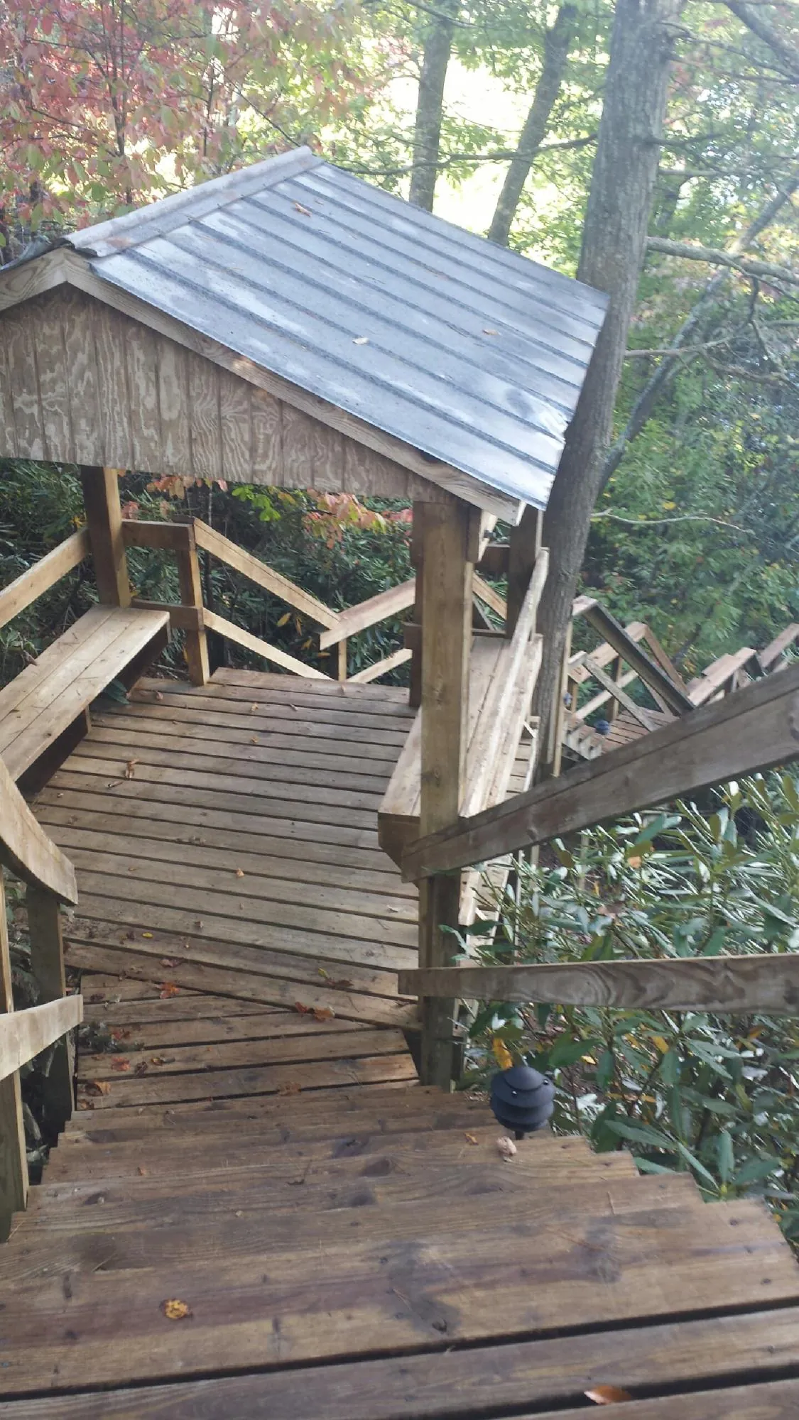 Metal roofed shelter over wooden steps on a wooded walkway — Skylight Repair & Installation work by our crew in San Antonio